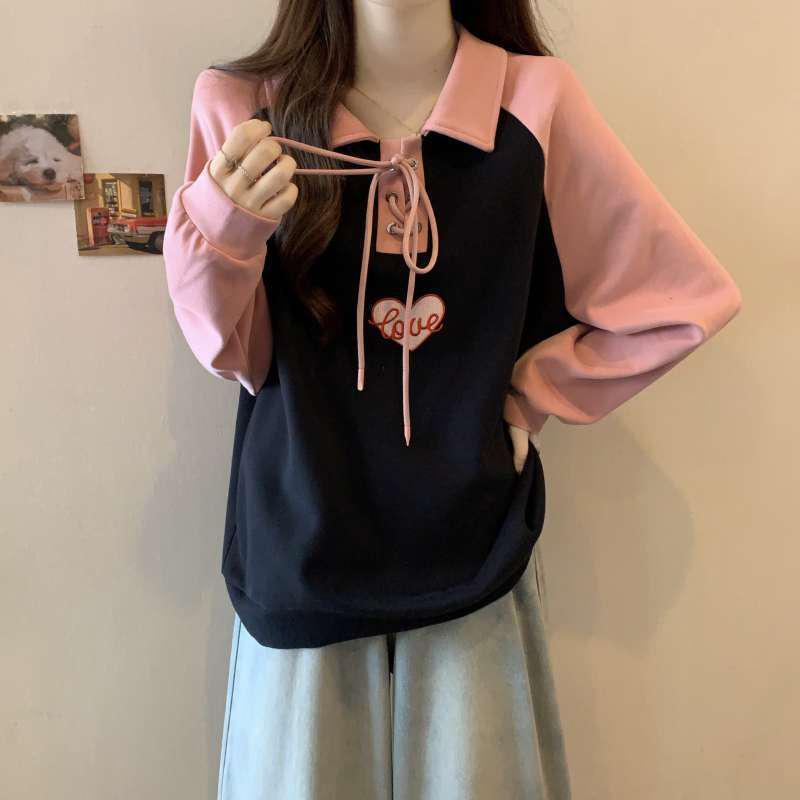 

Women s Plus Size Polo Neck Hoodie: Autumn/Winter Korean Style, Loose Raglan Long Sleeve, Slimming Base Top for a Flattering Look M чёрный