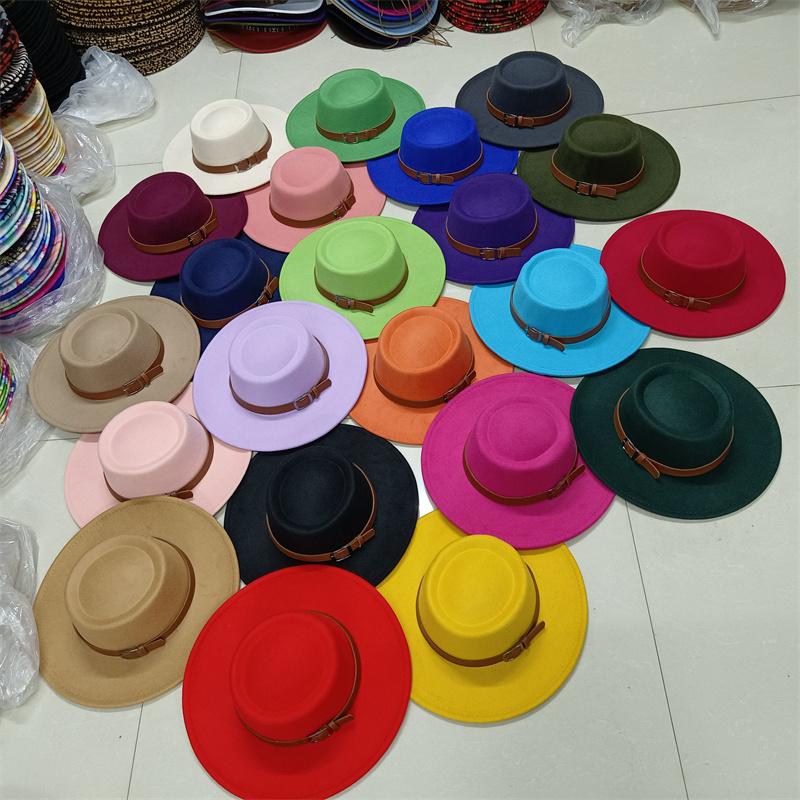 2026 Fedora Hat Winter Round Convex Flat Top Belt Accessories Rose Red Felt Jazz Hat for Men and Women Fedora Gorras
