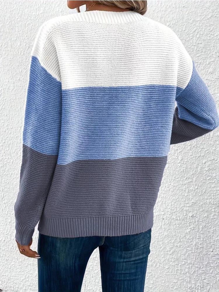 Autumn/Winter New Knitted Sweater Women's Color Contrast Splicing Round Neck Long Sleeve Hoodie Top