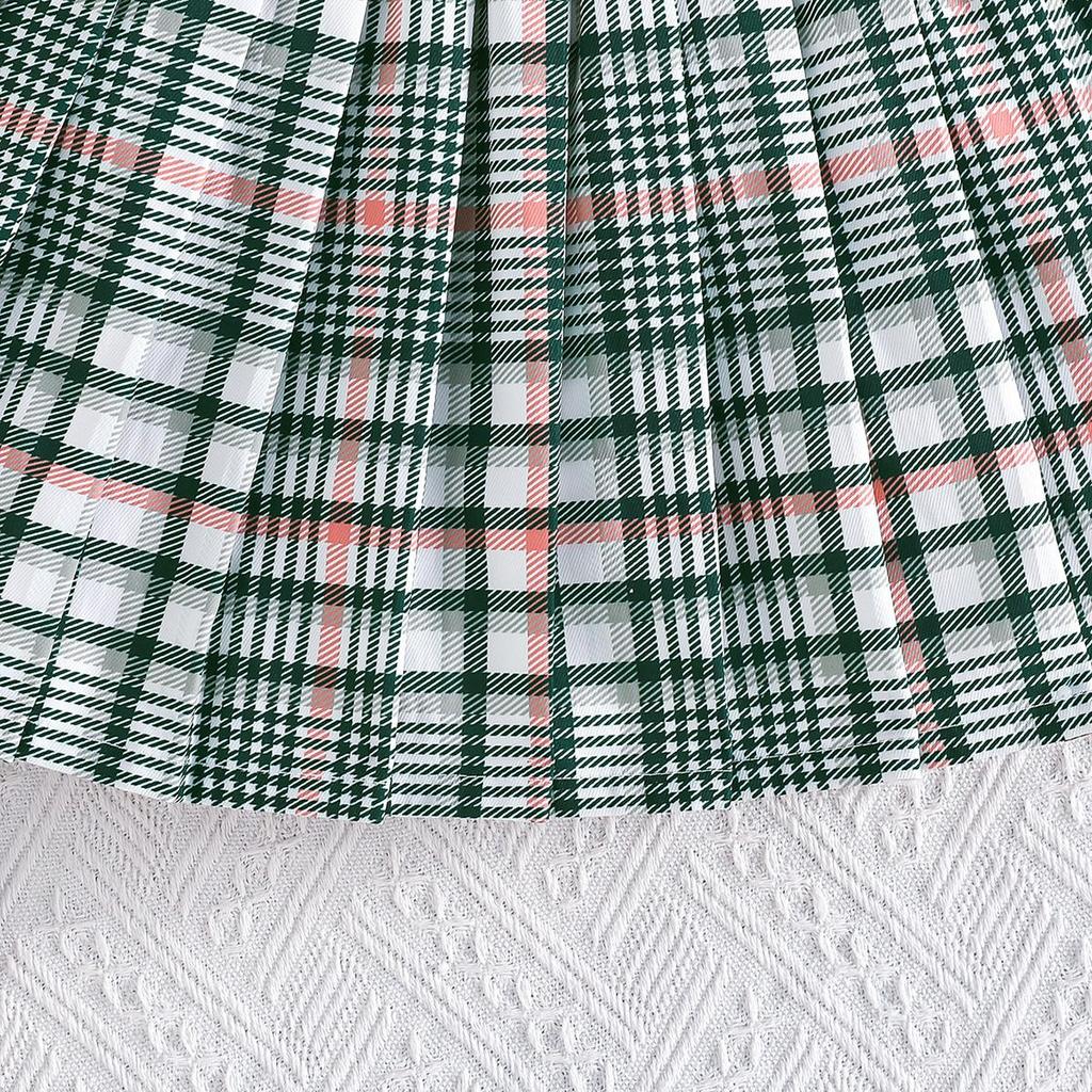 2PCS Baby Girl Sleeveless Shirt & Plaid Pleated Skirt Set, Preppy Style Casual Outf