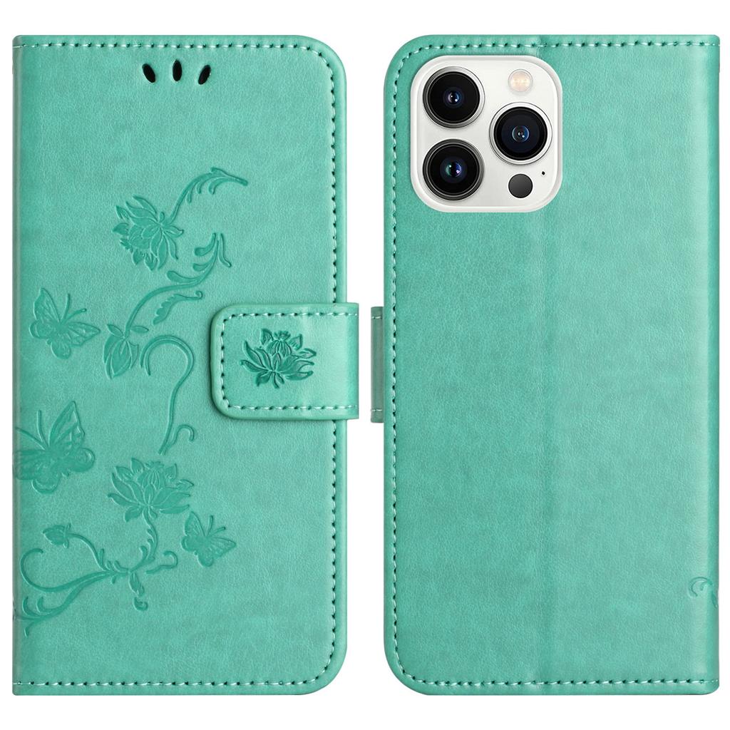 For iPhone 16 Pro Case PU Leather Wallet Phone Cover Butterfly Flower Pattern