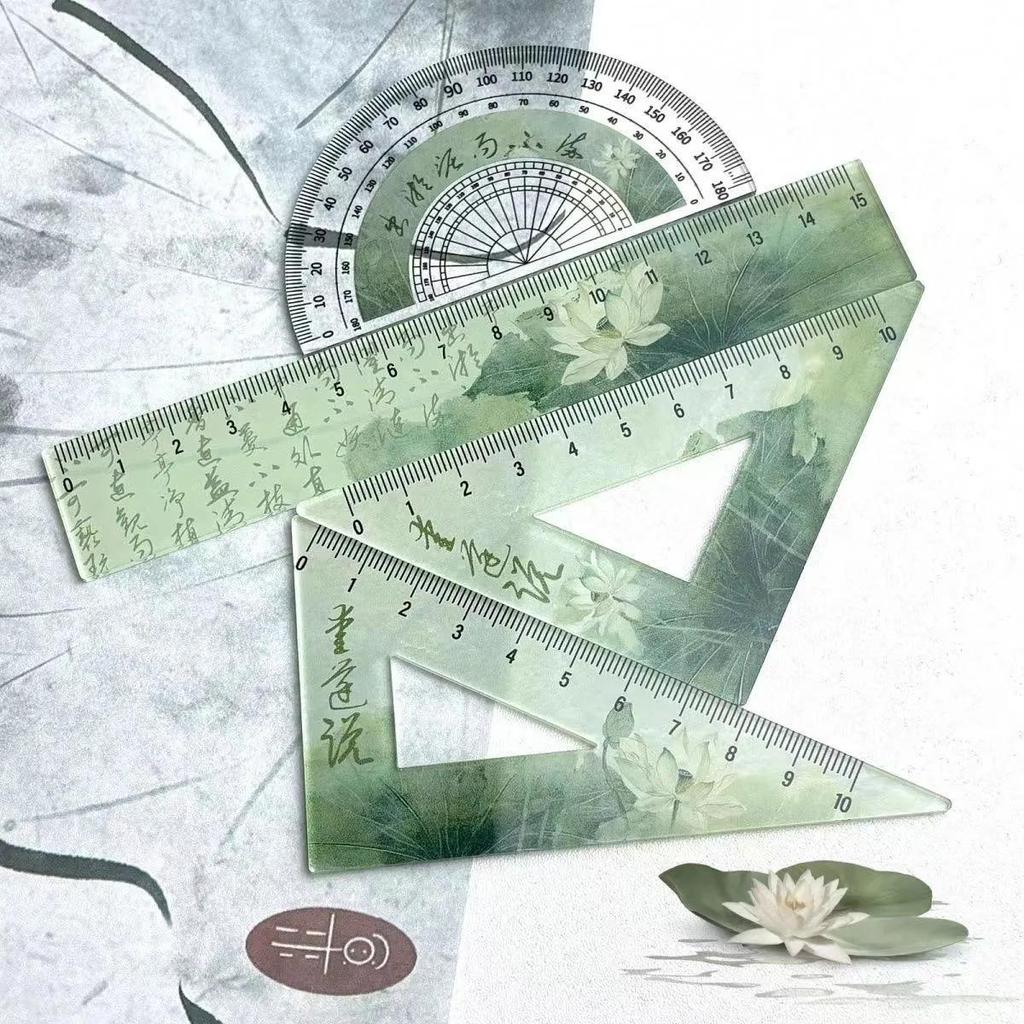 Righello di loto verde di poesia cinese, set da 4 pezzi, righello trasparente a triangolo, goniometro, cancelleria, articoli per il ritorno a scuola