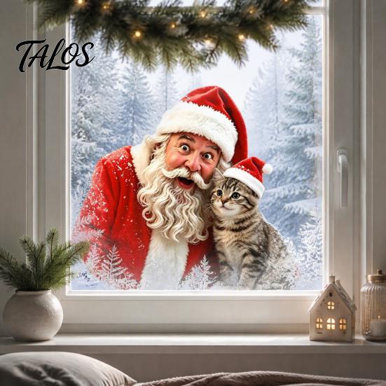 Creative Christmas Gift Ideas Window Static Sticker, Santa Claus And Cute Kitten PVC Holiday Glass Decals Decal, Waterproof Reusable Cling for