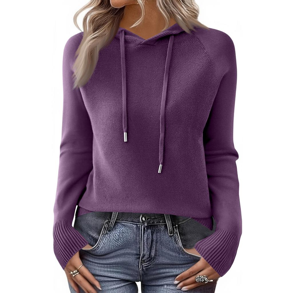 Ladies' Casual Solid Color Knitted Raglan Hooded Sweatshirt