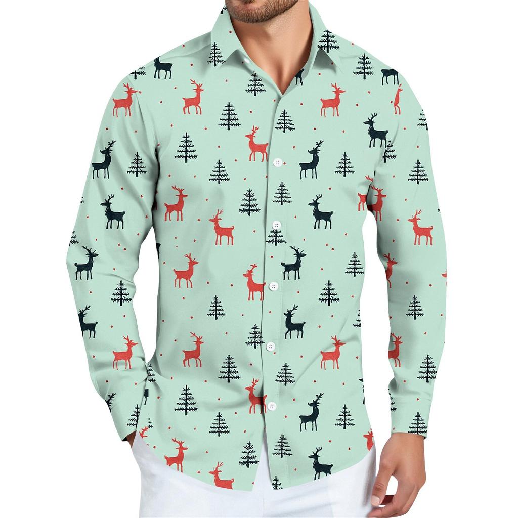 Men's Christmas Shirt Christmas Print Long Sleeve Button Shirt