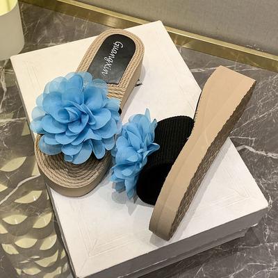 2025 Internet Celebrity Cool Slippers Women Summer Wear Thick Bottom Slope Heel Flower Word Cool Slippers Seaside Resort Wind Beach Shoes