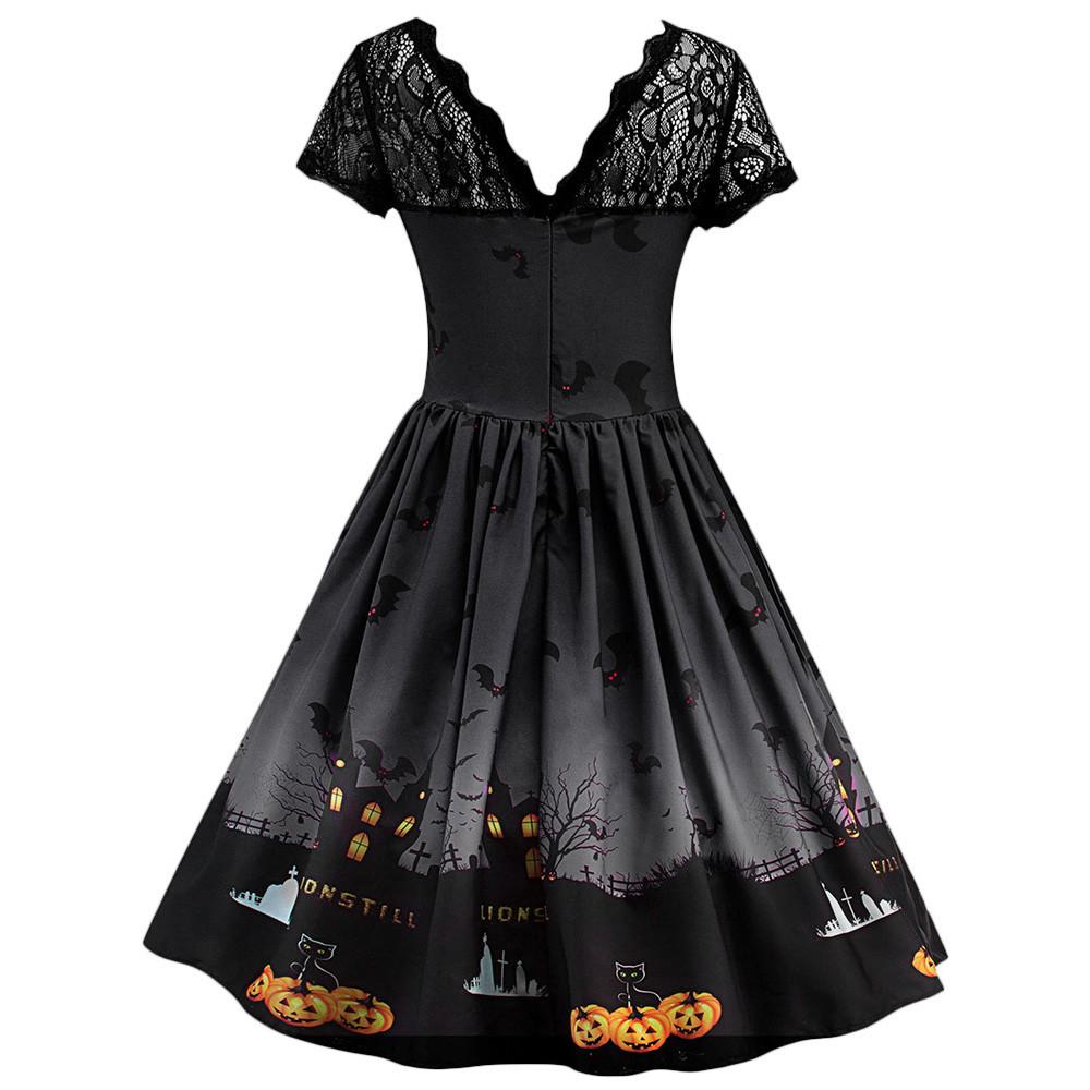 Women Short Sleeve Halloween Retro Lace Vintage Dress A Line  Swing Dress
