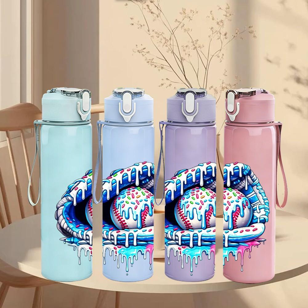 1PC Abstract Baseball Ball Graffiti Print 750ml Color Plastic Sports Water Bottle Leakproof Flip Straw Lid Suitable for Sports Office Home Use
