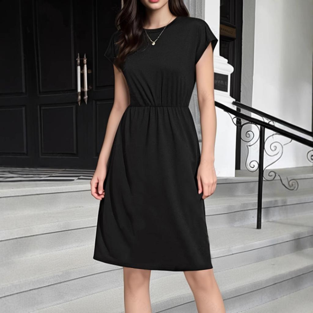 Women's Dress Short-sleeved Round Neck Solid Color Casual and Elegant Knee-length Dress