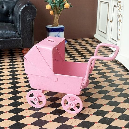 1:12 Miniature Baby Stroller Mini Nursery Car Toy Small Metal Baby Carriage Model for Kids Pretend Play Accessories Doll House Furniture