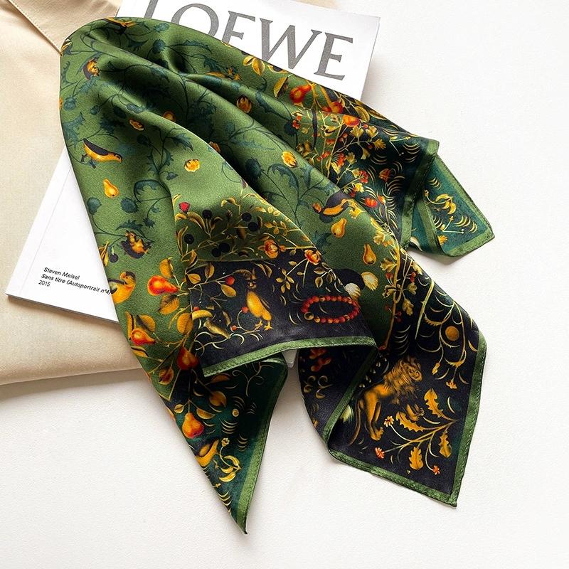 53Cm Square Pure Silk Square Scarf Vintage Print 100% Mulberry Silk Decorative Green Necktie Small Neckerchief For Women