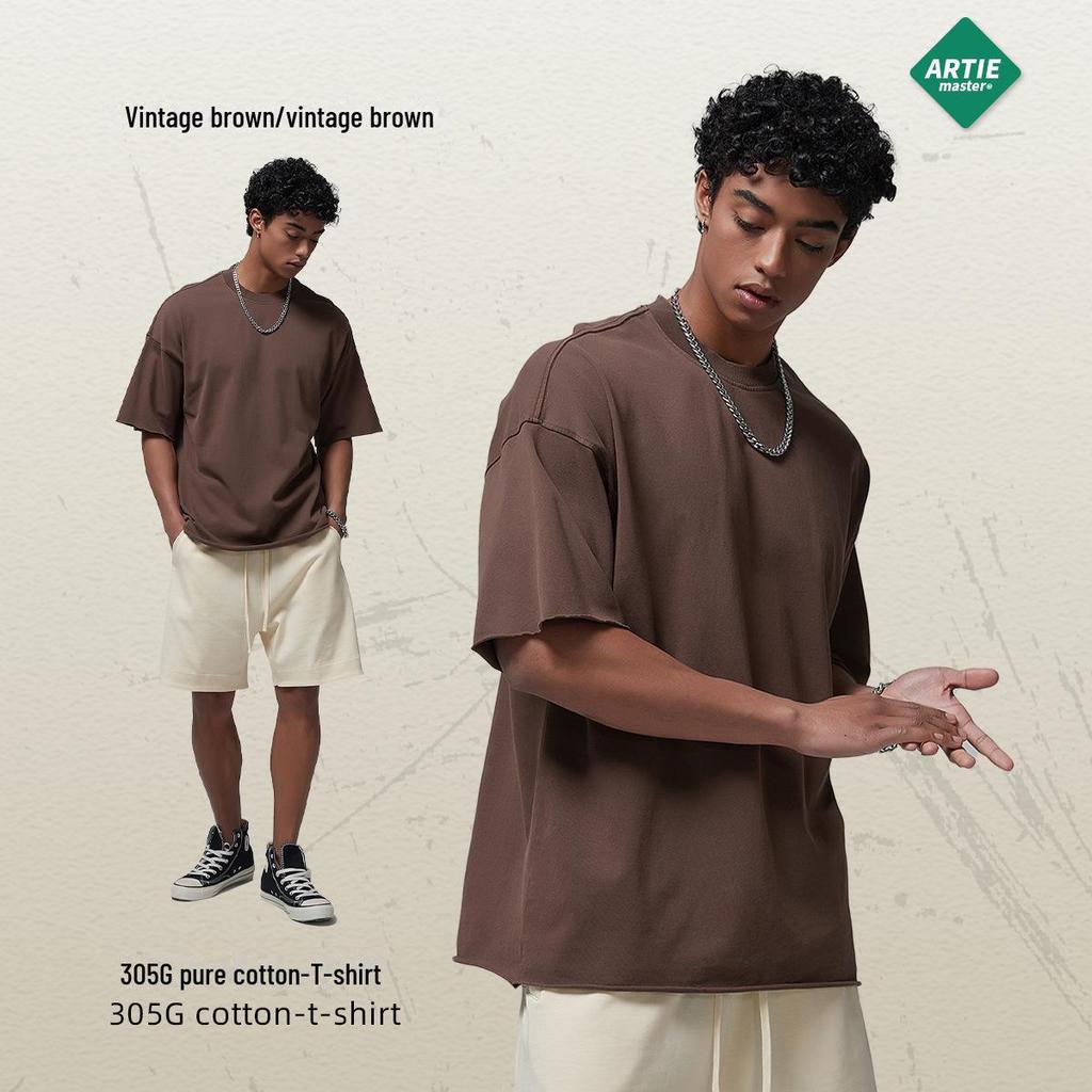 ARTIE Men's 2024 Spring/Summer Vintage Washed Curled Short-Sleeve T-Shirt - American Street Style.