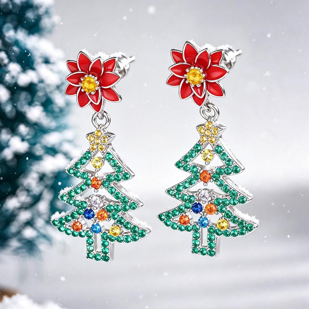 New Christmas earrings for women, colorful dopamine flower jewelry, Christmas wind hollowed out Christmas tree