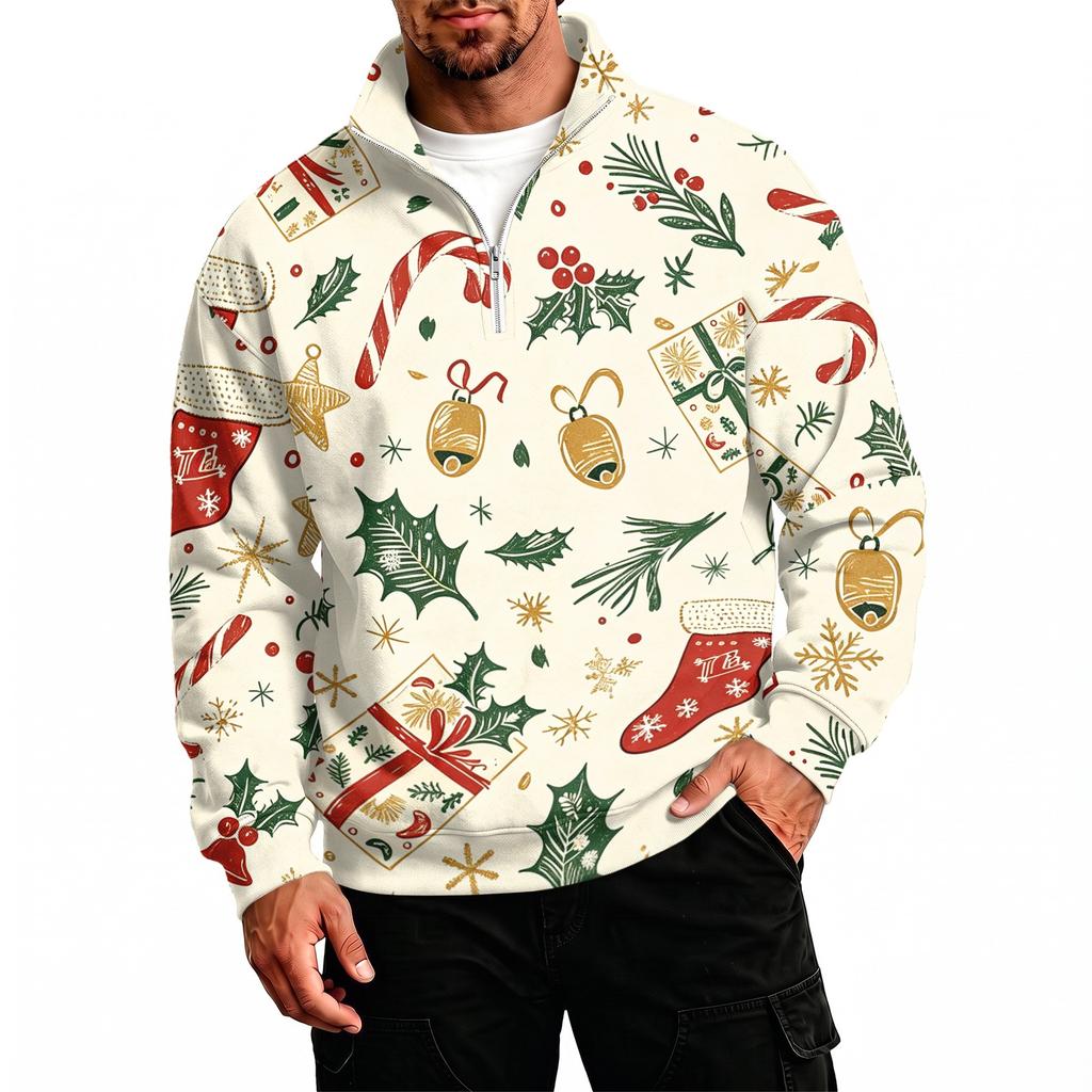 Men's Casual Stand Collar Sweatshirt with Holiday Christmas Print