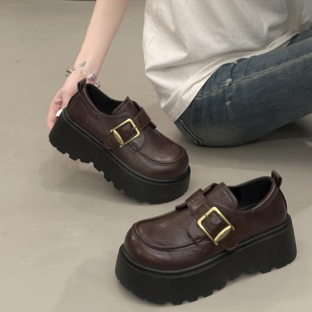 [Uncle Shoe] Height-increasing Flat-soled Single Shoes 20257cm Muffin Loafers Women's Spring and Autumn Small Leather Shoes Thick-soled British