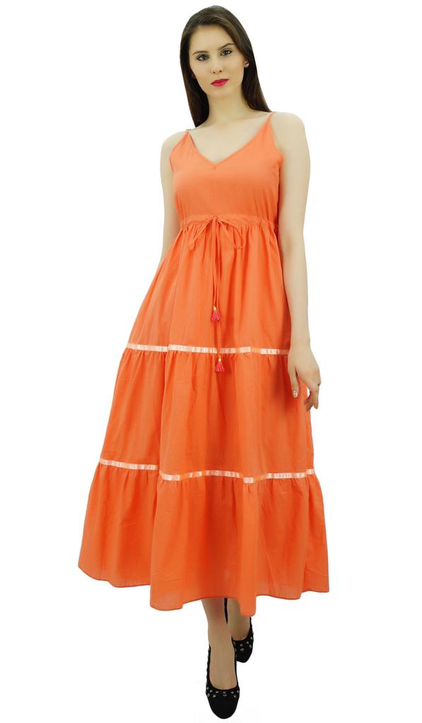 Bimba Women's Sundress Long Maxi Drawstring Waist Spaghetti Strap Dresses