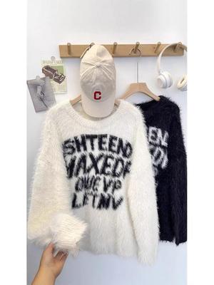 2025 Herbst/Winter Unisex Faux Nerzfell Buchstaben Rundhals Pullover - Koreanischer Lockerer Schnitt