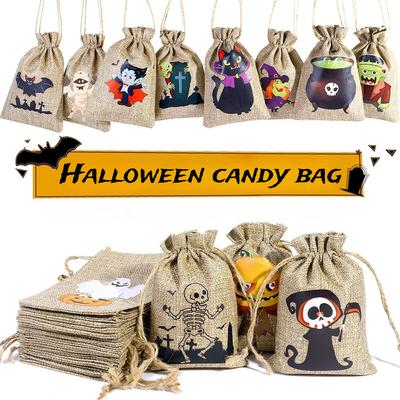 4/12Szt. Halloween Dynia Czaszka Torba na Cukierki Lniana Torba do Przechowywania Halloween Horror Wesoły Wzór Prezent Dekoracja Sznurek Ściągający Kieszeń