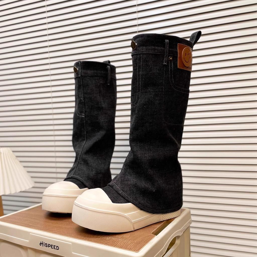 Thick-soled stacking boots, locomotive boots, women's summer and autumn 2025 new trouser boots, western cowboy cloth cover feet, short boots tide