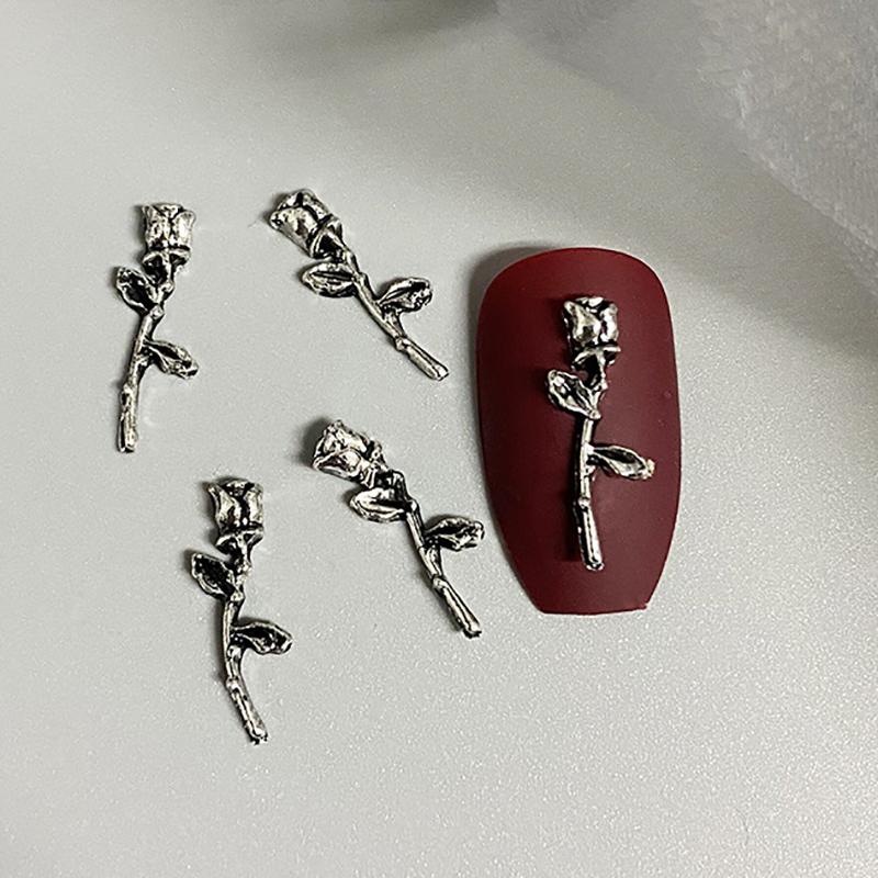 10Pcs 3D Rose Nail Art Ornament Alloy Nail Art Charms Diy Craft For Nail Decoration Silver Retro Flower Nail Charm Jewelry Salon