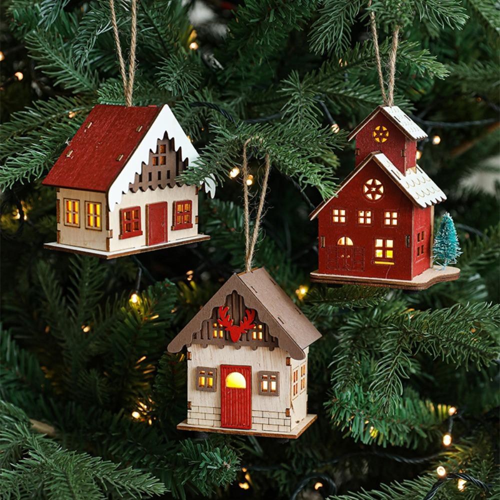 Christmas LED Light Wooden House Luminous Cabin Merry Christmas Decorations for Home DIY Xmas Tree Ornaments Kids Gifts New