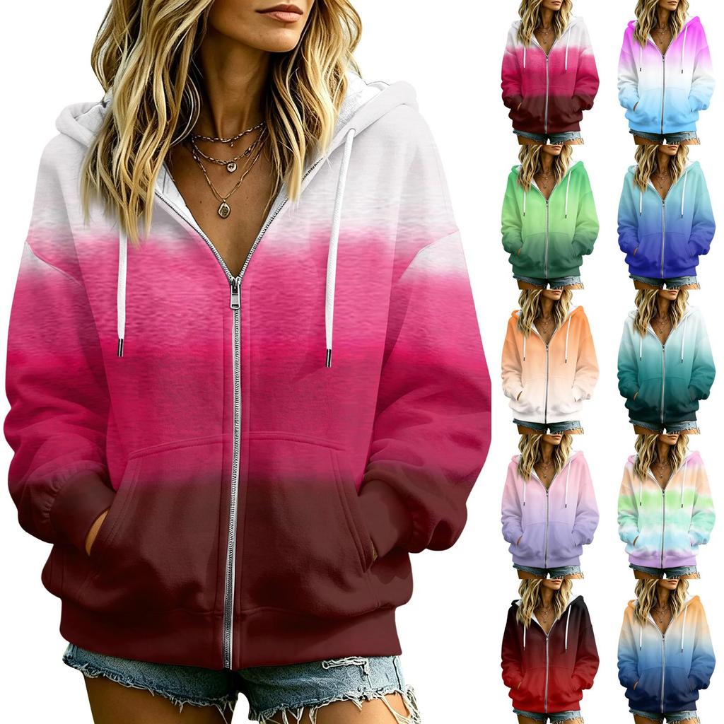 Women's Gradient Print Hooded Jacket with and Pockets for Casual