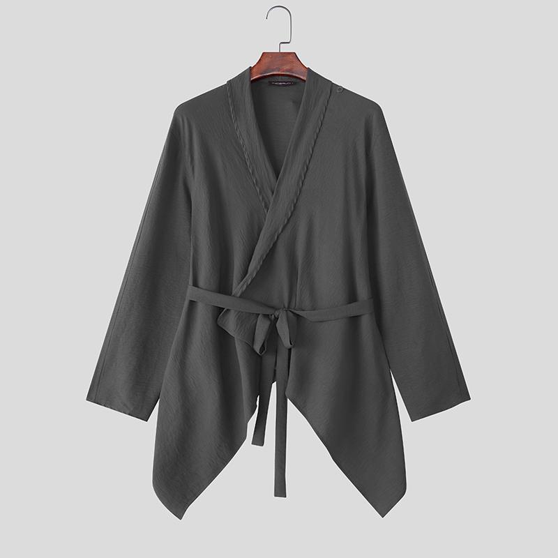 

INCERUN Весна Мужские V-образный вырез Длинный рукав Необычные Рюши Готика Повседневные Топы Рубашки 5XL темно-серого