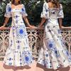 Robe Longue Bohème Imprimée à Manches Bouffantes pour Femme Robe Décontractée à Col Carré pour Vacances à la Plage