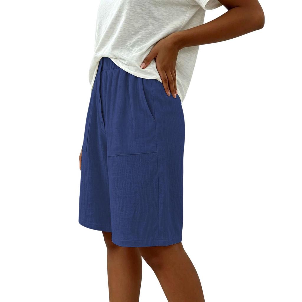 Women's Casual Loose Fit Color Mid-Length Shorts with Elastic Waistband and Button Pockets