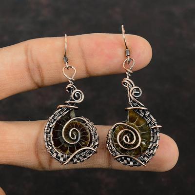 Ammonite Fossil Earrings Copper Wire Wrapped Earrings Gemstone Copper Jewelry Handmade Earring Wire Wrap Jewelry Designer Earrings For Women