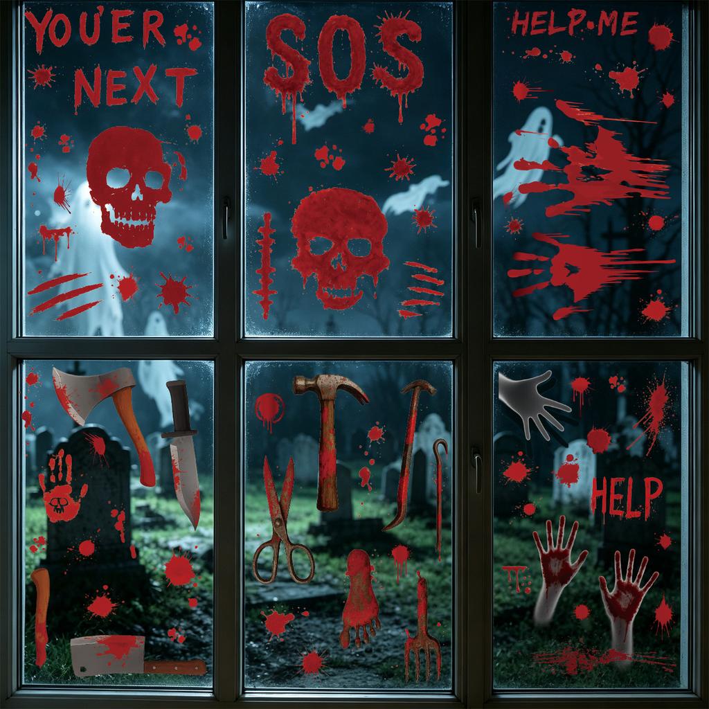 Halloween Bloody Static Window Sticker Skull Blood Handprint Knife Blood Sticker Haunted House Window Party Decoration Sticker