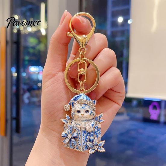 Decorative Purse Pendant Christmas Gift Box Cat Keychain, Bling Rhinestone Kitten Keyring Keychain Pendant, Backpack Handbag Accessory for Holiday
