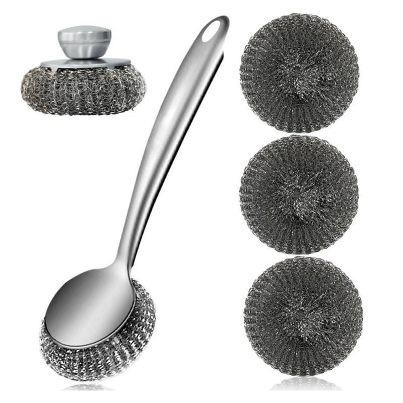 Steel Wool Scrubber Dish Brush With Handle Deep Cleaning Metal Set For Kitchen