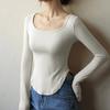 Womens Round Neck Long Sleeve T-Shirt Slim Fit With Side Slit Hem Cotton Blend Casual Top
