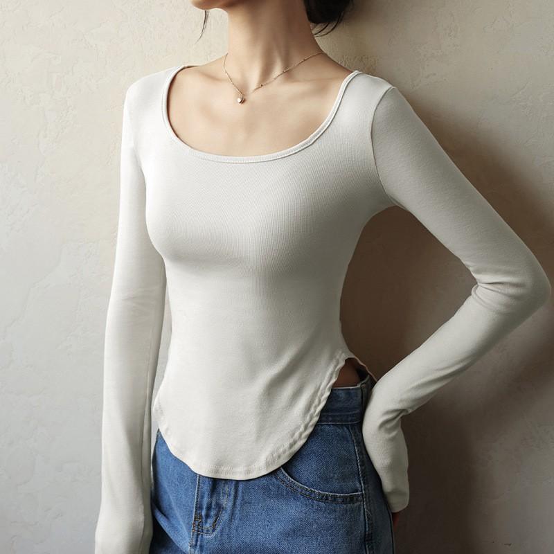 Womens Round Neck Long Sleeve T-Shirt Slim Fit With Side Slit Hem Cotton Blend Casual Top