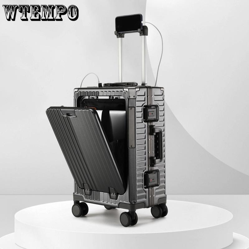 20 Inch Front Opening Multifunctional PC Aluminum Frame Carry On Luggage - Rechargeable Rolling Suitcase with Combination Lock & Spinner Wheels