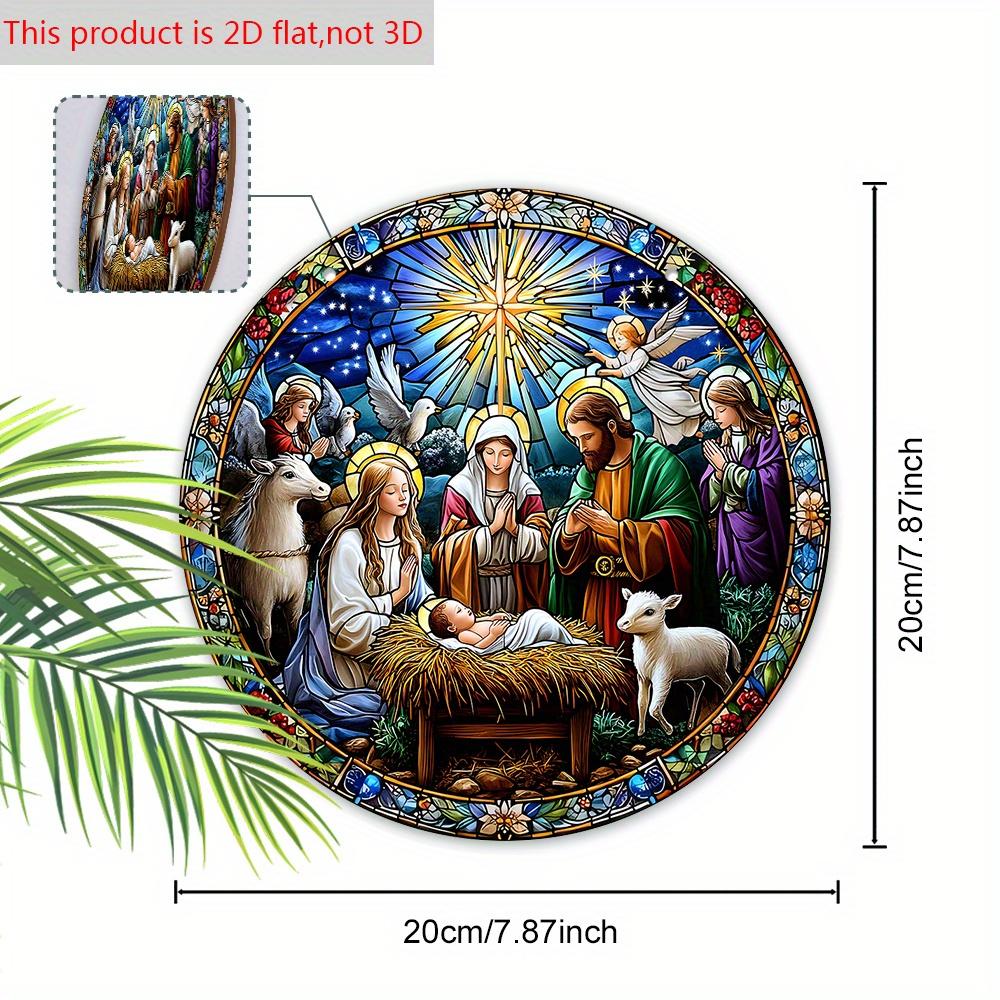 Nativity Scene Wooden Sign, Jesus Born Round Ornament for Front Door Wall Hanging Decor, Ideal Christmas Gift for Christians