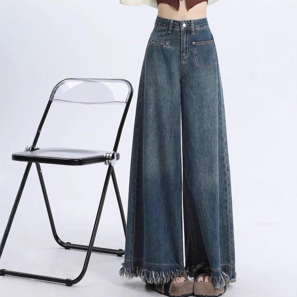 Autumn 2024 Women's High Waist Wide-Leg Retro Frayed Jeans