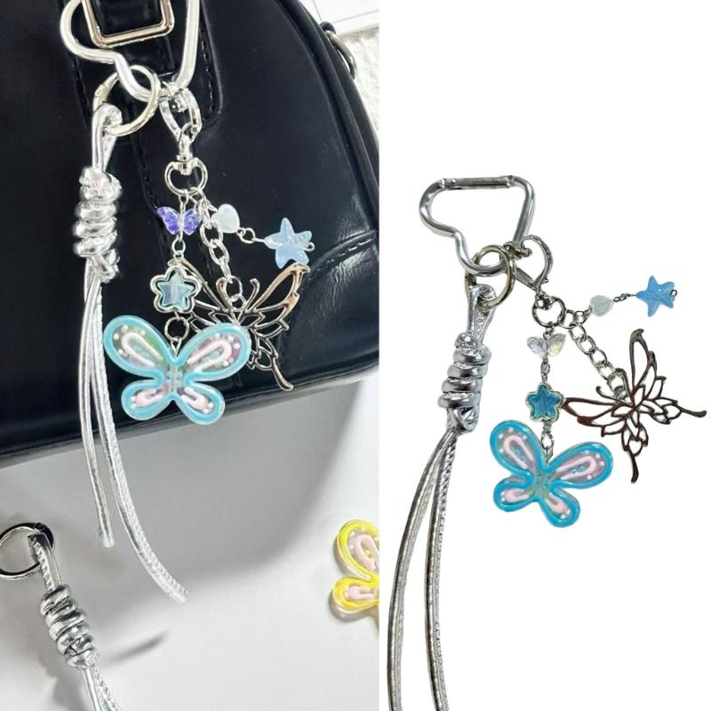 Hand Painted Butterfly Beaded Keychain For Bag Charm Spring Theme Double Tone Sparkling Jewelry Phone Accessory