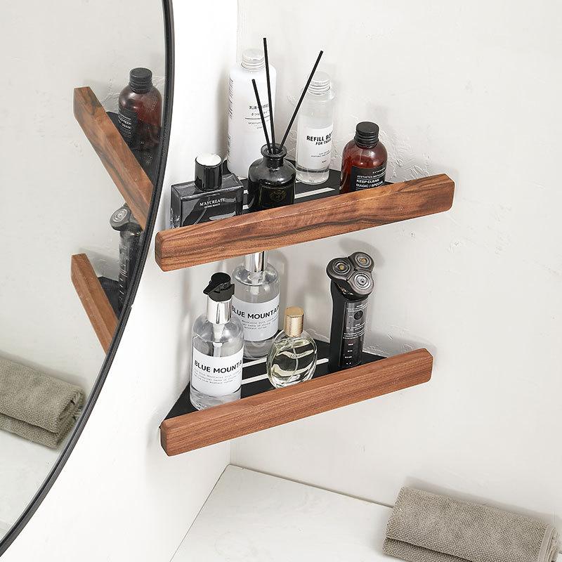 Wooden Bathroom Triangle Shelving Wall Mounted Bathroom Shower Storage Rack Black/White Aluminum Corner Rack Bathroom Shelf