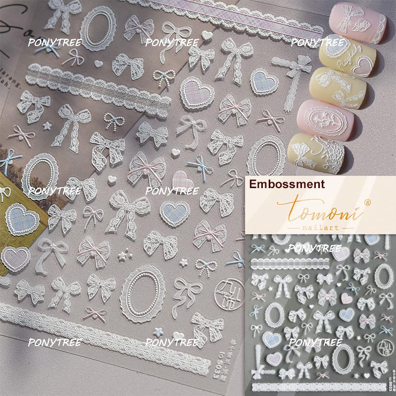 Delicate White Lace Bowknot Simulated Fabric Ribbon Silver Stamped Noble Rhinestone 5D Adhesive Nail Art Sticker Manicure Decal