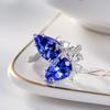 Open Ring Tanzanite Blue Pear Drop with Double Diamonds Simulated Sapphire Womens Fashion Jewelry