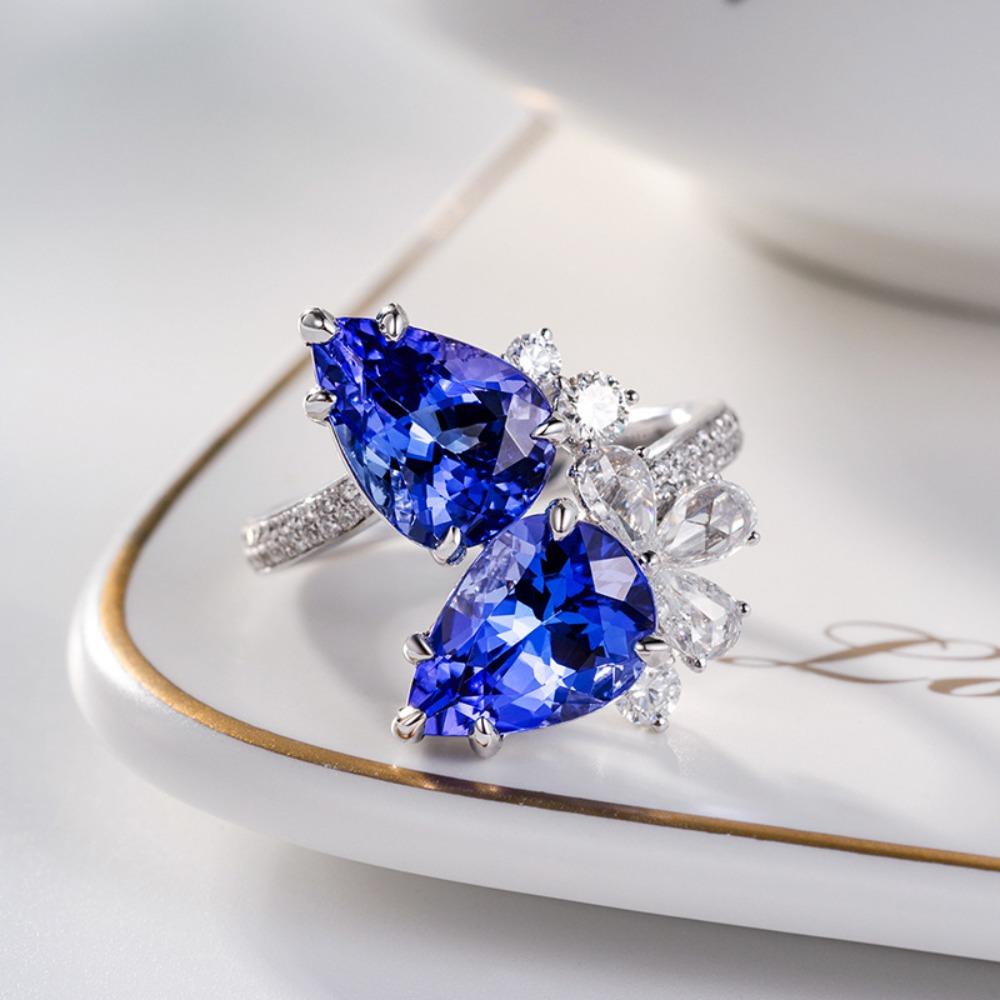 Open Ring Tanzanite Blue Pear Drop with Double Diamonds Simulated Sapphire Womens Fashion Jewelry