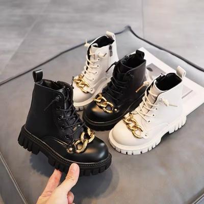 Winter Kinderstiefel Klassische Metall Mädchen Plateau Stiefeletten Schwarz Beige Vielseitige Kinder Causal Mode Baumwollstiefel Rutschfest