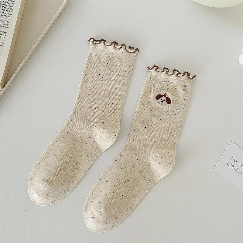

Милые носки с вышивкой в виде мультяшного медведя, милые носки для девочек в стиле Лолита-кавайи с оборками, японская мода, уличные женские носки в стиле Харадзюку в стиле ретро