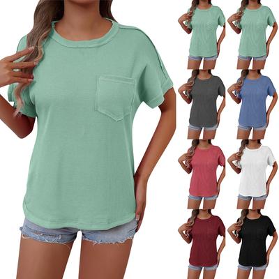 Women's Fashion Solid Color Round Neck Short Sleeved Pocket Pullover Casual T-shirt Top
