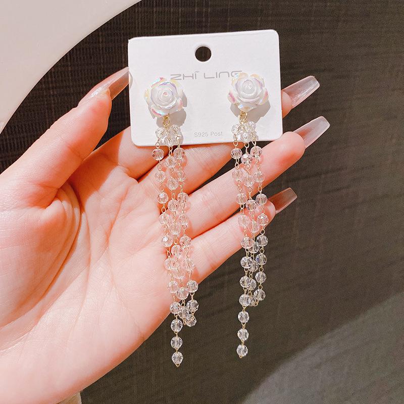Niche High-End Crystal Tassel Flower Stud Earrings: Lightweight, Luxurious 2024 Style