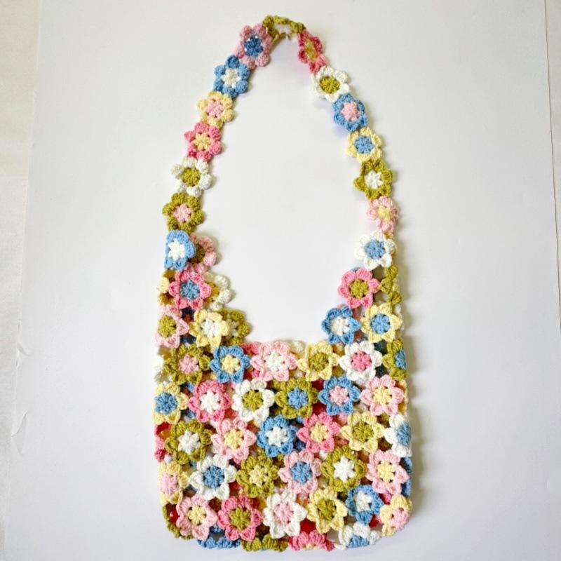 Handmade Crochet Shoulder Bag For Women Colorful Flower Patchwork Hollow Out Knitted Tote Bag Boho Style Casual Travel Handbag
