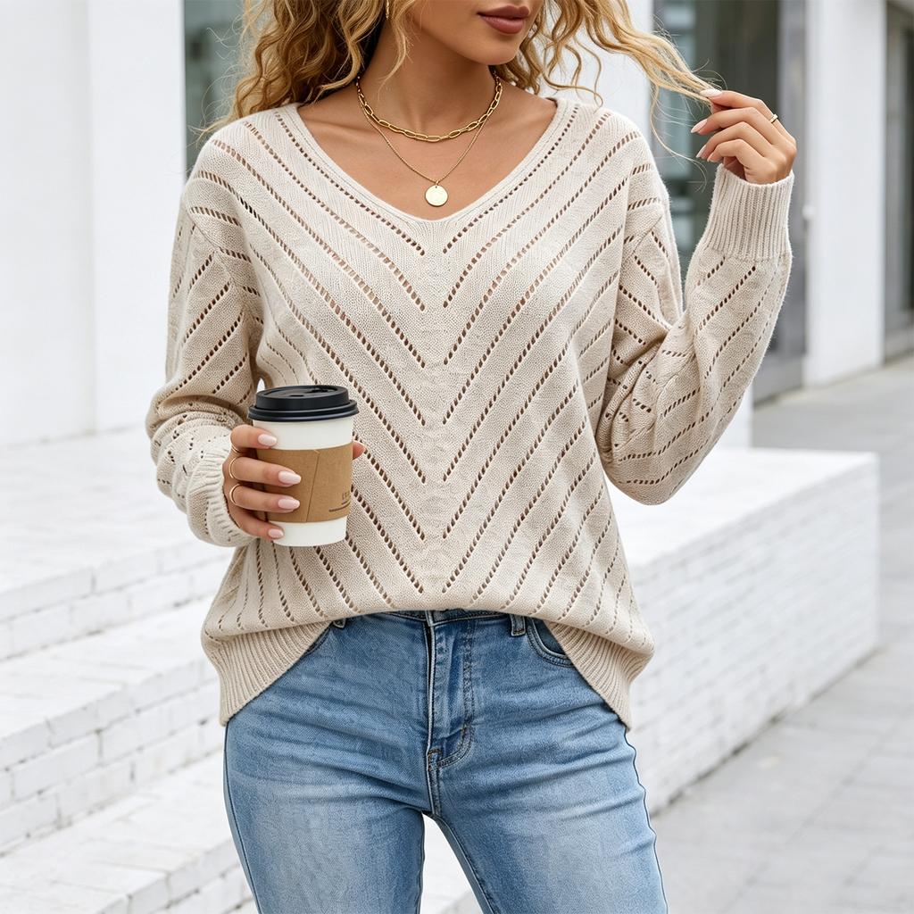 Women's V-Neck Loose Fit Knit Top with Hollow Out Design, Long Sleeve Casual Sweater