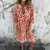 Women's Fashionable V-neck Fresh Printed Temperament Five Quarter Sleeve Dress